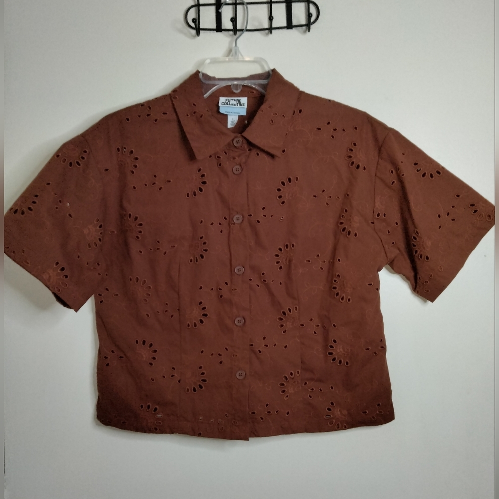 Future Collective (Size L) Brown Cotton Blend Eyelet Button-Down SS Crop Shirt